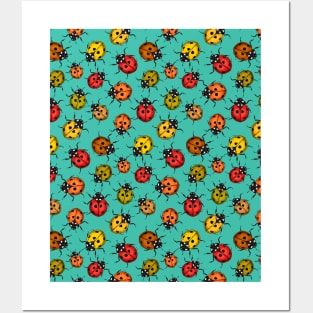 Colorful ladybugs on turquoise Posters and Art